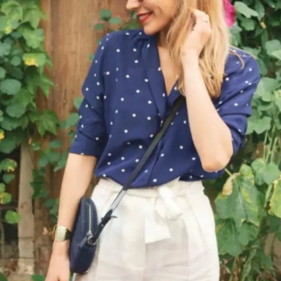 NEW Sezane Navy Polka Dot Silk Shirt - Picture 5 of 5